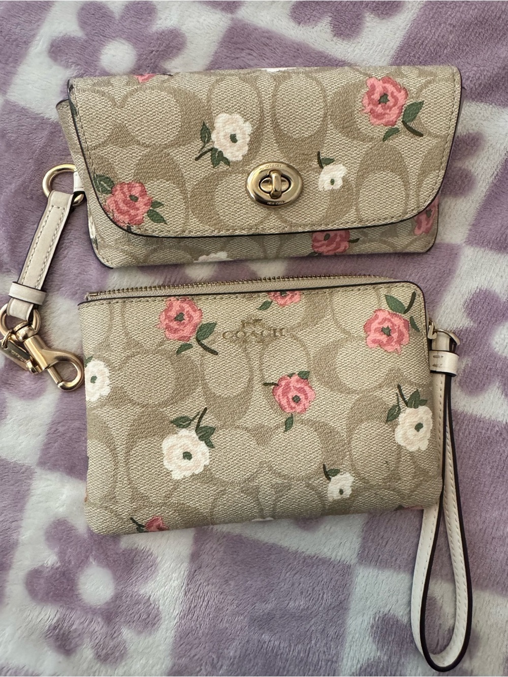 Coach Beige Floral Signature Wristlet Set - Beige with Pink & White Flowers
